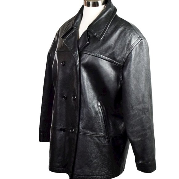 Wilson's Black Removable Lining Leather Navy Pea Coat - Picture 3 of 10